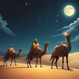 The three wise men of the East traveling on their camels under a starry sky