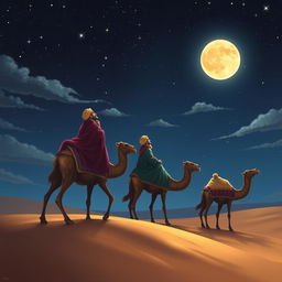 The three wise men of the East traveling on their camels under a starry sky