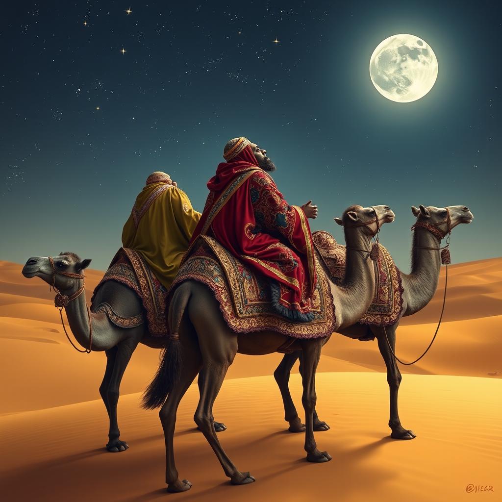 The three wise men of the East journeying on their camels under a starry night sky