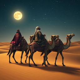 The three wise men of the East journeying on their camels under a starry night sky