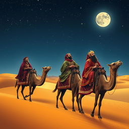 The three wise men of the East journeying on their camels under a starry night sky