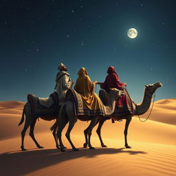 The three wise men of the East journeying on their camels under a starry night sky