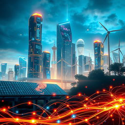 An imaginative representation of AI energy consumption, featuring a futuristic cityscape with tall skyscrapers, glowing with neon lights, energy grids and digital screens illustrating data flow