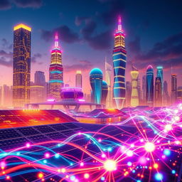 An imaginative representation of AI energy consumption, featuring a futuristic cityscape with tall skyscrapers, glowing with neon lights, energy grids and digital screens illustrating data flow