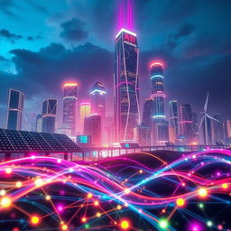 An imaginative representation of AI energy consumption, featuring a futuristic cityscape with tall skyscrapers, glowing with neon lights, energy grids and digital screens illustrating data flow