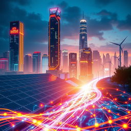 An imaginative representation of AI energy consumption, featuring a futuristic cityscape with tall skyscrapers, glowing with neon lights, energy grids and digital screens illustrating data flow