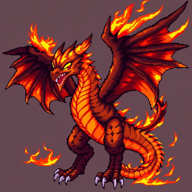 A pixel art realistic and fearsome dragon-phoenix creature, showcasing a dominant color scheme of orange and black that emphasizes its fiery and dark nature