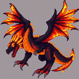 A pixel art realistic and fearsome dragon-phoenix creature, showcasing a dominant color scheme of orange and black that emphasizes its fiery and dark nature