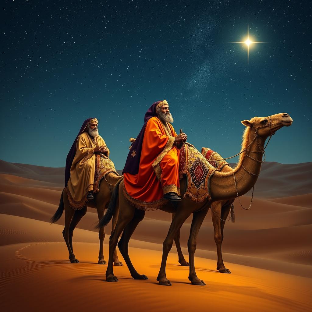 The three wise men from the East riding their camels under a starry sky