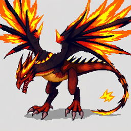 A pixel art realistic and fearsome dragon-phoenix creature, showcasing a dominant color scheme of orange and black that emphasizes its fiery and dark nature