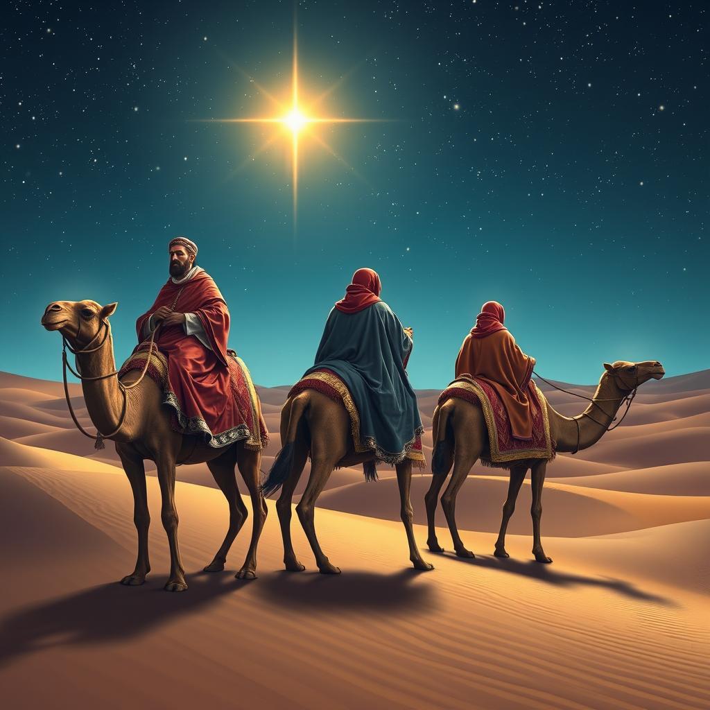 The three wise men from the East riding their camels under a starry sky