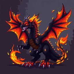 A pixel art realistic and fearsome dragon-phoenix creature, showcasing a dominant color scheme of orange and black that emphasizes its fiery and dark nature