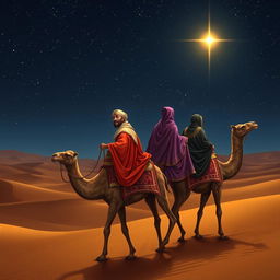 The three wise men from the East riding their camels under a starry sky