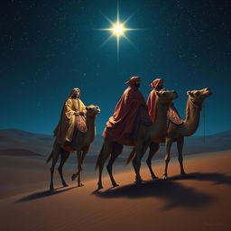 The three wise men from the East riding their camels under a starry sky