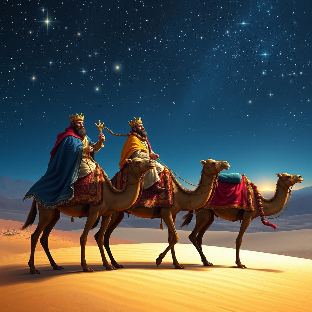 The Three Wise Men from the East journeying on their camels under a starry sky