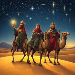 The Three Wise Men from the East journeying on their camels under a starry sky