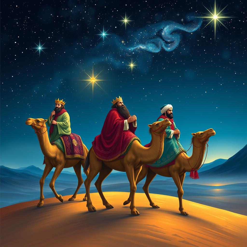 The Three Wise Men from the East journeying on their camels under a starry sky