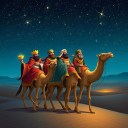 The Three Wise Men from the East journeying on their camels under a starry sky