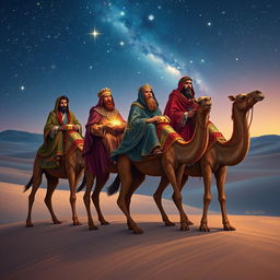 The Three Wise Men from the East journeying on their camels under a beautifully starry sky