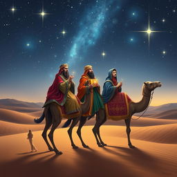 The Three Wise Men from the East journeying on their camels under a beautifully starry sky