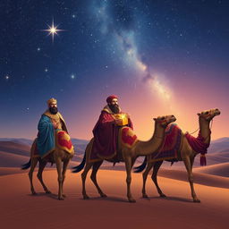 The Three Wise Men from the East journeying on their camels under a beautifully starry sky