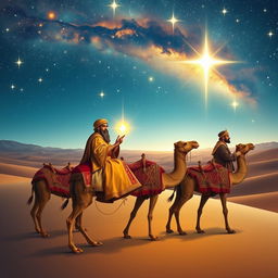 The Three Wise Men from the East journeying on their camels under a beautifully starry sky