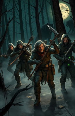 A group of fierce hunters engaged in a thrilling chase of supernatural beings, such as vampires, werewolves, and witches, within a dark and mysterious forest