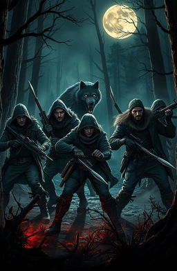 A group of fierce hunters engaged in a thrilling chase of supernatural beings, such as vampires, werewolves, and witches, within a dark and mysterious forest