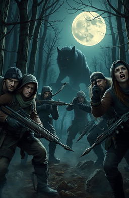 A group of fierce hunters engaged in a thrilling chase of supernatural beings, such as vampires, werewolves, and witches, within a dark and mysterious forest