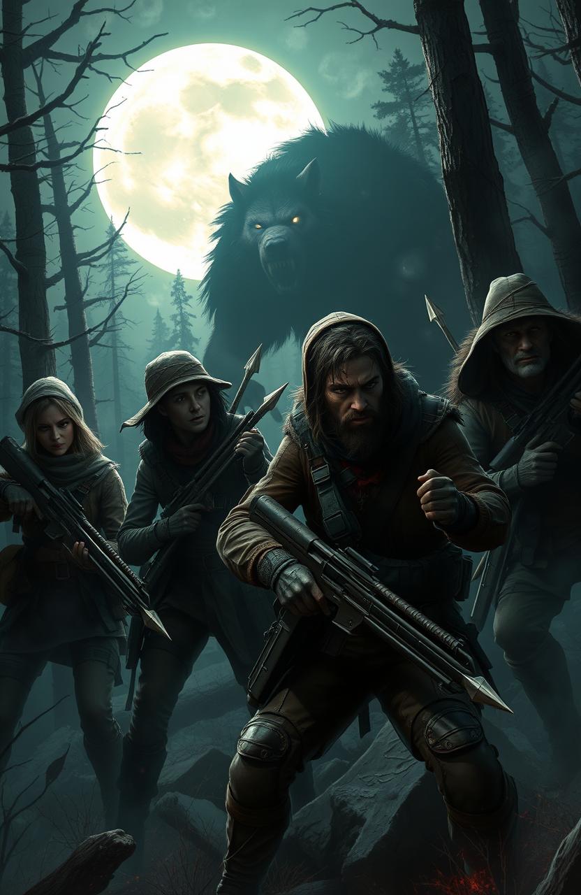 A group of fierce hunters engaged in a thrilling chase of supernatural beings, such as vampires, werewolves, and witches, within a dark and mysterious forest