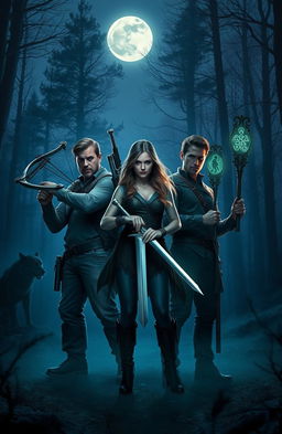 A group of fearless hunters standing confidently in a misty forest at twilight, armed with various supernatural weaponry