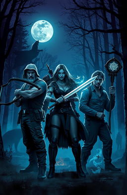 A group of fearless hunters standing confidently in a misty forest at twilight, armed with various supernatural weaponry