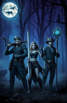 A group of fearless hunters standing confidently in a misty forest at twilight, armed with various supernatural weaponry