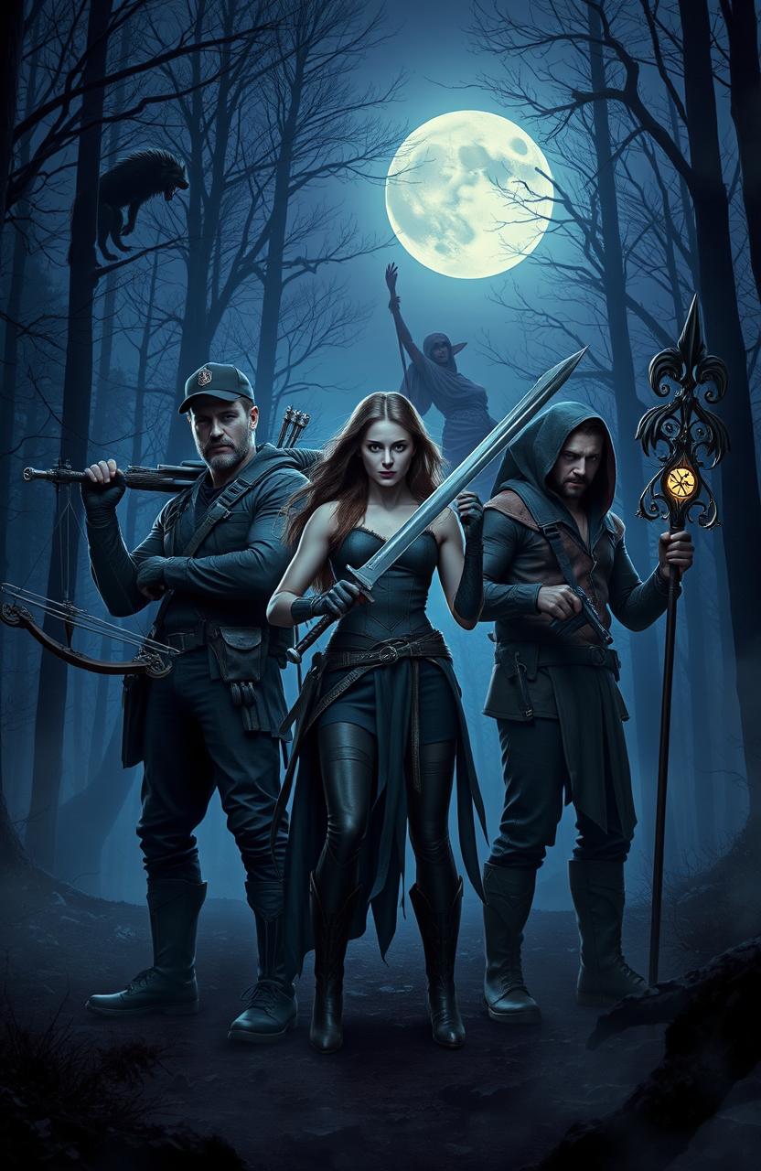 A group of fearless hunters standing confidently in a misty forest at twilight, armed with various supernatural weaponry