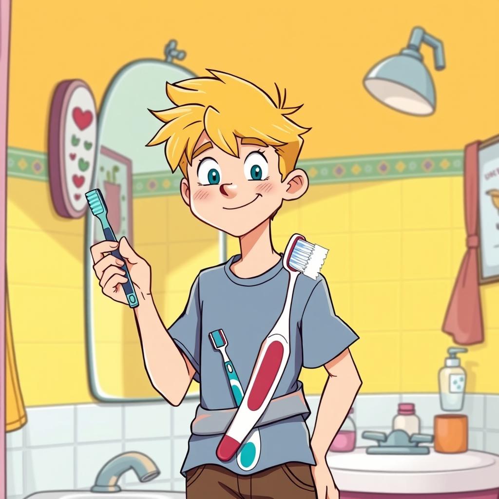 A teenage male with blond hair standing in front of a mirror, holding a toothbrush in one hand while a second toothbrush is wrapped around his waist