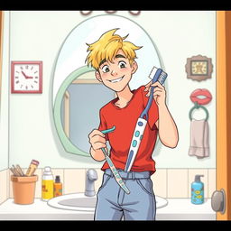 A teenage male with blond hair standing in front of a mirror, holding a toothbrush in one hand while a second toothbrush is wrapped around his waist