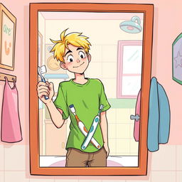 A teenage male with blond hair standing in front of a mirror, holding a toothbrush in one hand while a second toothbrush is wrapped around his waist