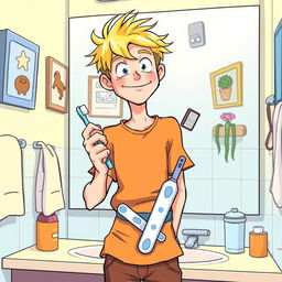 A teenage male with blond hair standing in front of a mirror, holding a toothbrush in one hand while a second toothbrush is wrapped around his waist