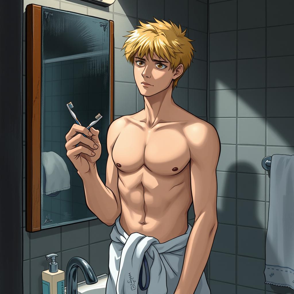 A teenage man with blond hair standing in front of a bathroom mirror, holding a toothbrush in one hand while wearing a towel wrapped around his waist