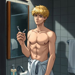 A teenage man with blond hair standing in front of a bathroom mirror, holding a toothbrush in one hand while wearing a towel wrapped around his waist