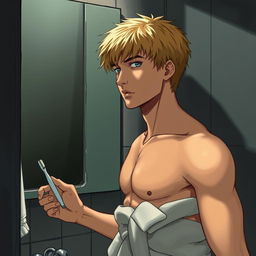 A teenage man with blond hair standing in front of a bathroom mirror, holding a toothbrush in one hand while wearing a towel wrapped around his waist