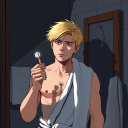 A teenage man with blond hair standing in front of a bathroom mirror, holding a toothbrush in one hand while wearing a towel wrapped around his waist