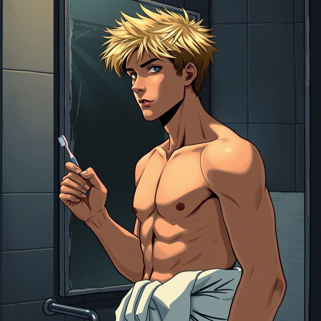 A teenage man with blond hair standing in front of a bathroom mirror, holding a toothbrush in one hand while wearing a towel wrapped around his waist