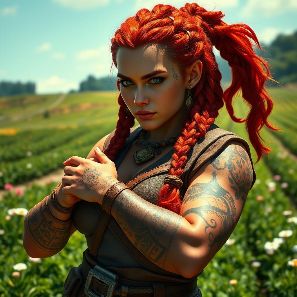 A strong and fierce female dwarf with vibrant red hair, styled in intricate braids adorned with earthy decorative beads