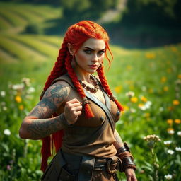 A strong and fierce female dwarf with vibrant red hair, styled in intricate braids adorned with earthy decorative beads