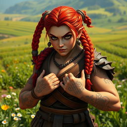 A strong and fierce female dwarf with vibrant red hair, styled in intricate braids adorned with earthy decorative beads