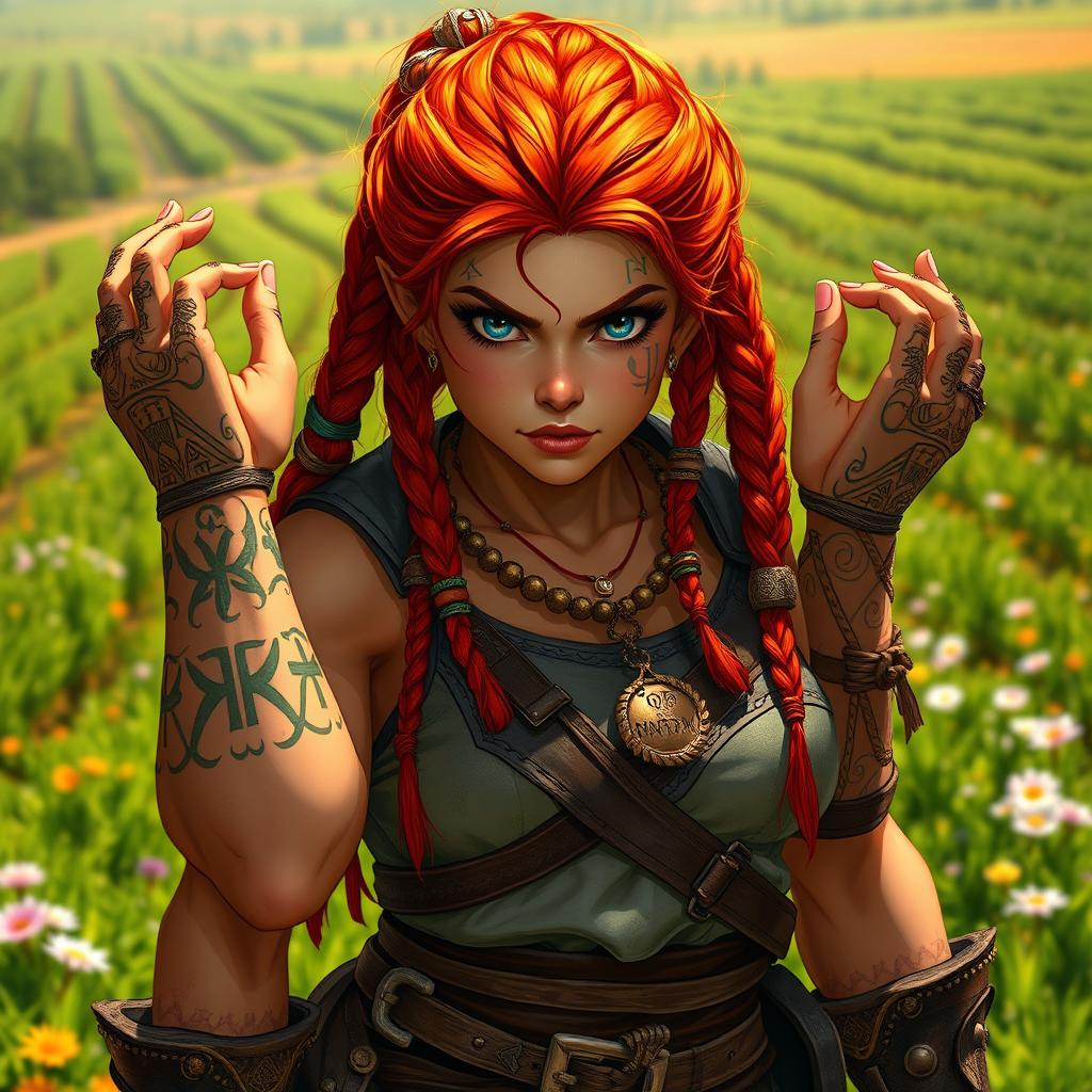 A strong and fierce female dwarf with vibrant red hair, styled in intricate braids adorned with earthy decorative beads