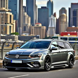 A sleek Volkswagen Passat B6 SW in a sophisticated grey color, featuring a striking wide body kit that enhances its sporty appearance