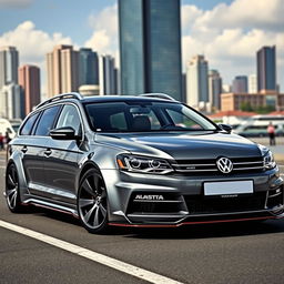 A sleek Volkswagen Passat B6 SW in a sophisticated grey color, featuring a striking wide body kit that enhances its sporty appearance