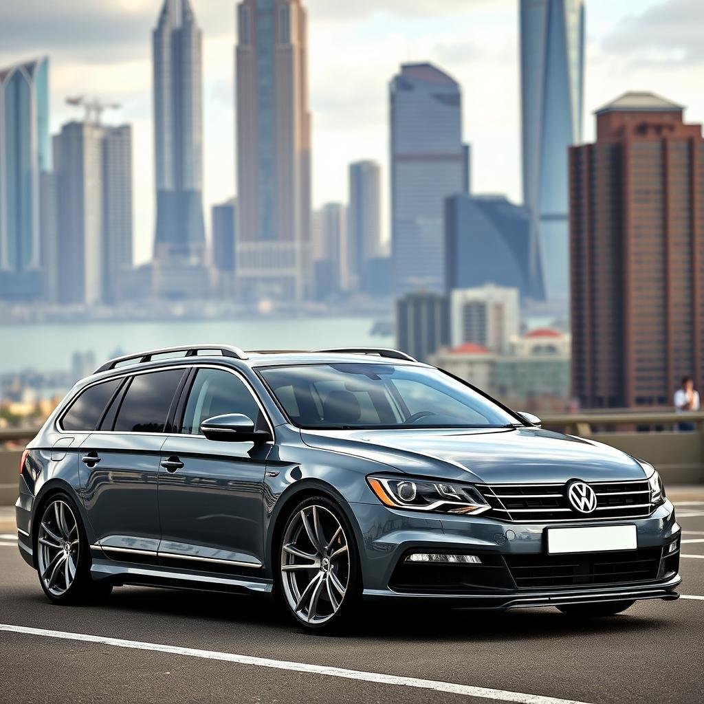 A sleek Volkswagen Passat B6 SW in a sophisticated grey color, featuring a striking wide body kit that enhances its sporty appearance